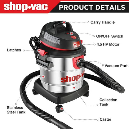 Shop-Vac 5 Gallon 4.5 Peak HP Wet/Dry Vacuum, Stainless Steel Tank, Portable - Image 4
