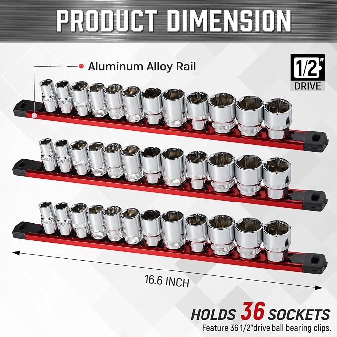 ALOANES 3-Piece Magnetic Socket Organizer, Heavy Duty Aluminum Socket Rails - Image 2