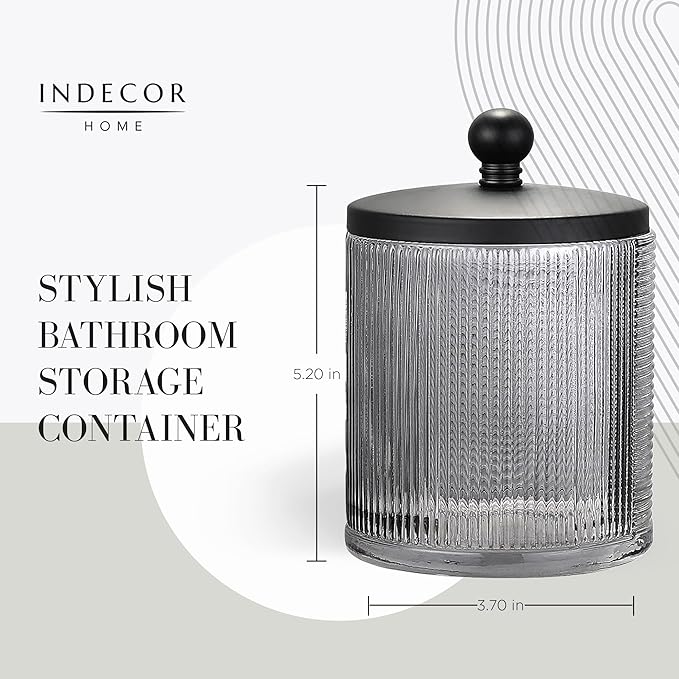 Gray Colored Tranlucent Apothecary Ribbed Geo Etched Glass Jar W/Matte Black - Image 3