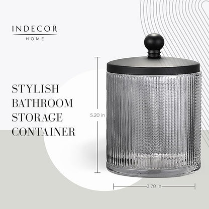 Gray Colored Tranlucent Apothecary Ribbed Geo Etched Glass Jar W/Matte Black - Image 3
