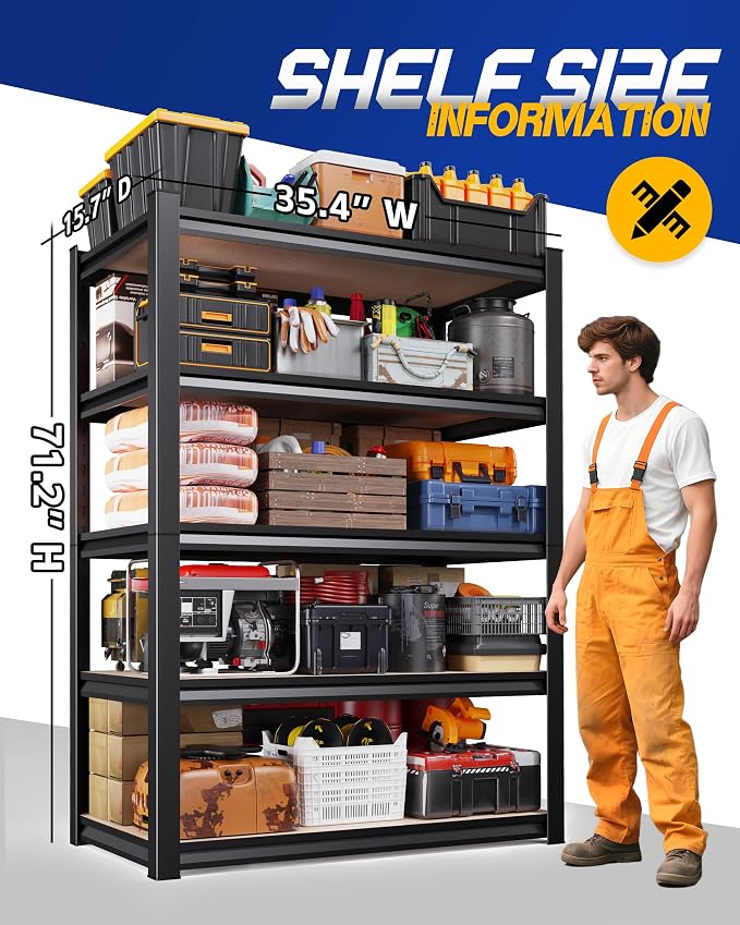 71" H Garage Shelving, 5-Tier Heavy Duty Storage Shelves, Adjustable Metal - Image 3