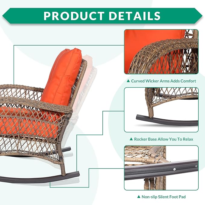 VIVIJASON 3-Piece Outdoor Conversation Bistro Set, Patio Wicker Rocking Chairs - Image 3
