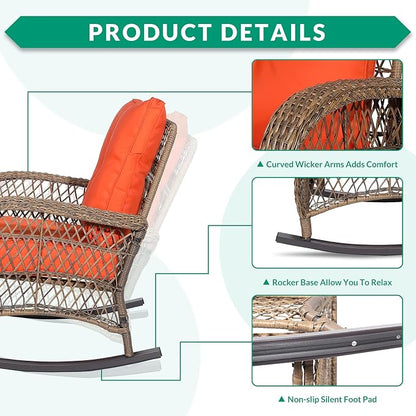 VIVIJASON 3-Piece Outdoor Conversation Bistro Set, Patio Wicker Rocking Chairs - Image 3