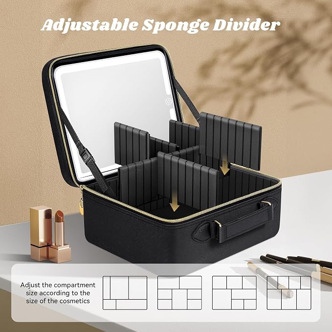 JUSRON Travel Makeup Bag With LED Mirror, Cosmetic Train Case with Light up - Image 3