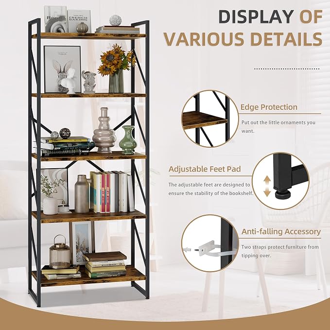 Vongrasig 5 Tier Bookshelf, Modern Tall Bookcase, Industrial Book Shelves - Image 5