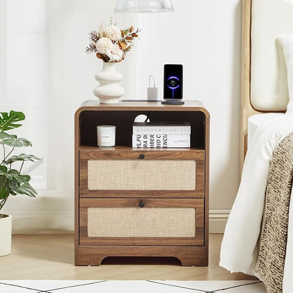 Modern Night Stand with Charging Station and 2 Drawers, Wooden Side Table - Image 4