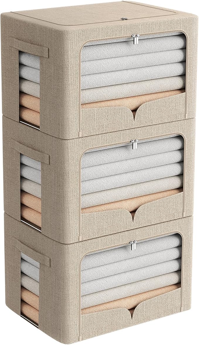FHSQX 3 Pack Clothes Storage Bins Foldable Metal Frame Storage Box Stackable by FHSQX
