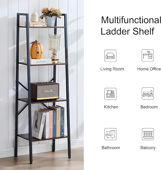 Hoctieon 4-Tier Industrial Ladder Bookshelf, Narrow Ladder Shelf, Tall Standing - Image 9