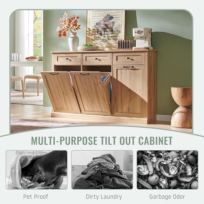 Triple Tilt Out Laundry Hamper Cabinet, 20 Gallon Farmhouse Trash Can Cabinet - Image 5