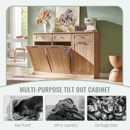Triple Tilt Out Laundry Hamper Cabinet, 20 Gallon Farmhouse Trash Can Cabinet - Image 5
