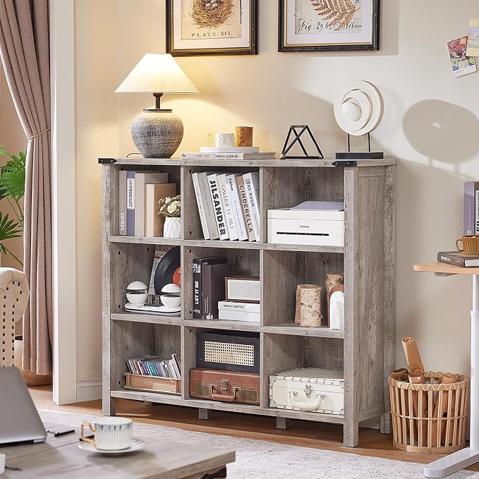 9 Cube Bookcase, Farmhouse 47 Inch Wide Grey Oak Bookshelf, Wooden 3 Tier - Image 2