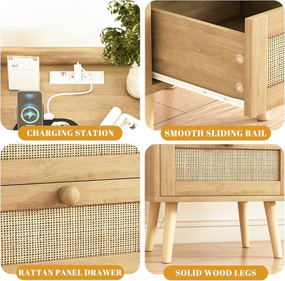Rattan Nightstand with Charging Station Set of 2, Mid Century Modern Bedside - Image 6