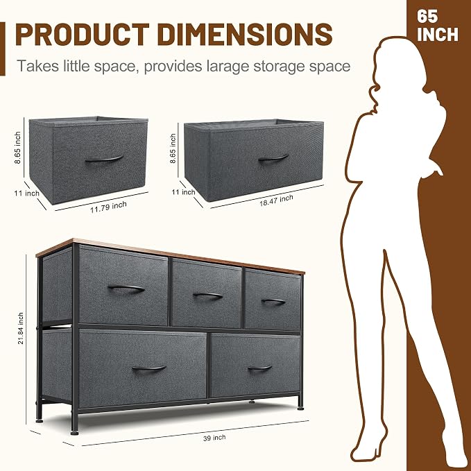 Dresser for Bedroom with 5 Drawers, Chest of Drawers, Storage Drawers Organizer - Image 3