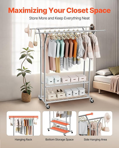 VEVOR Clothes Rack, Rolling Clothing Garment Rack, Extendable Carbon Steel - Image 2