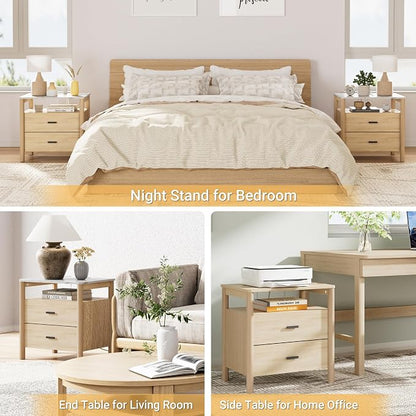 Night Stand with Charging Station, 2 Drawers End Table with Open Shelf - Image 6