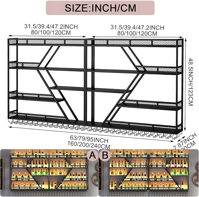 94.48in Metal Wine Rack Wall Mounted, Modern Wine Storage Rack Wall Mounted - Image 2