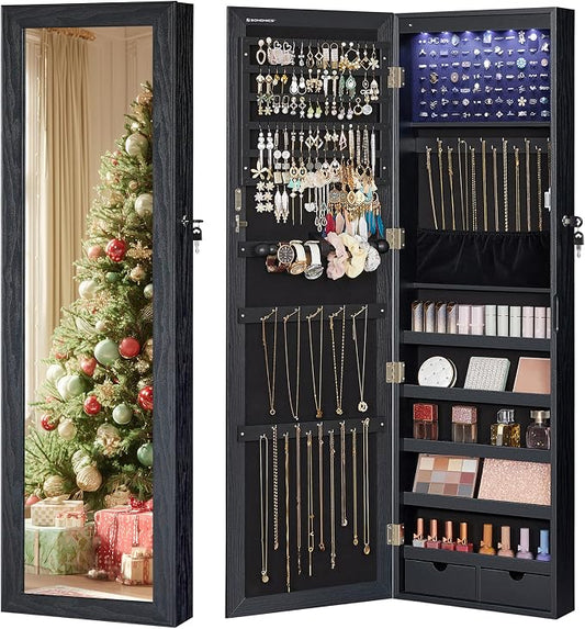 SONGMICS 6 LEDs Mirror Jewelry Cabinet, 47.2-Inch Tall Lockable Wall or Door by SONGMICSbySONGMICSHOME