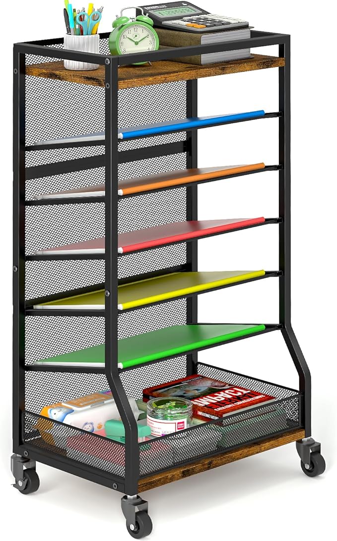 7 Tier Rolling File Cart with Sliding Trays, Wood Metal File Organizer Beside by ThreeHio