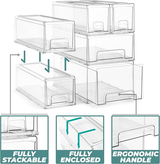 Sorbus Small Clear Stackable Storage Drawers – 4-Pack Plastic Organizer Bins - Image 4