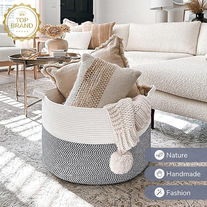 INDRESSME XXXLarge Cotton Rope Basket 21.7" x 21.7" x 13.8" Woven Baby Laundry - Image 6