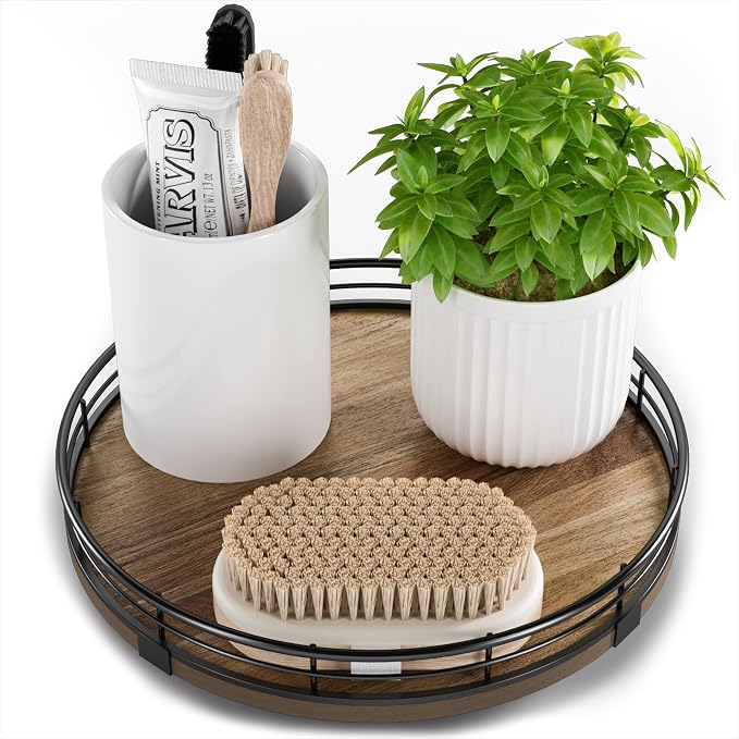 Acacia Wood 9" Bathroom Vanity Tray Turntable, Farmhouse Round Bathroom by HGF