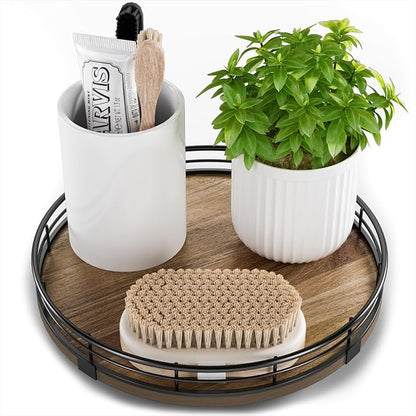 Acacia Wood 9" Bathroom Vanity Tray Turntable, Farmhouse Round Bathroom by HGF