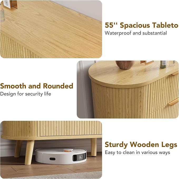 Fluted 6 Drawers Dresser, Curved Profile & Sturdy Legs, Wood TV Stand - Image 6