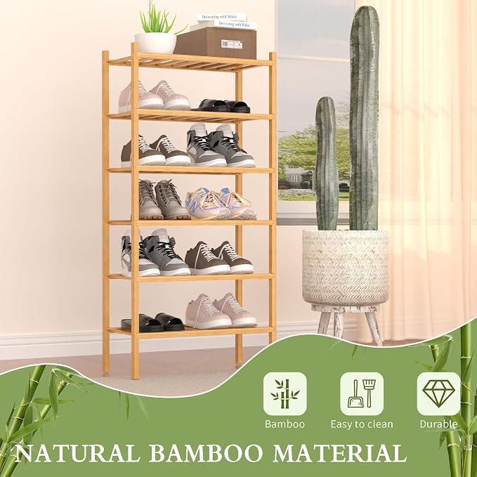 6-Tier Bamboo Small Shoe Rack, Free Standing Wood Shoe Shelf Storage Organizer - Image 4