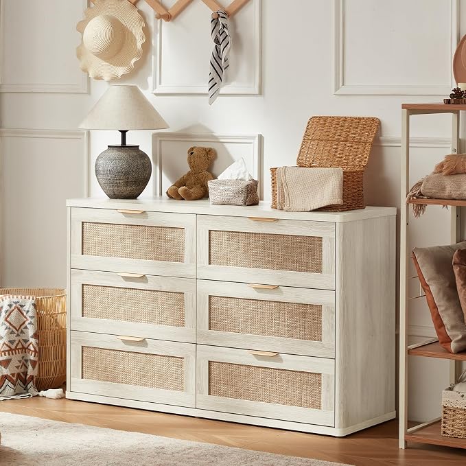 LEYAOYAO Rattan Dresser for Bedroom Set of 2, Boho 48" Wide White Dresser Chest - Image 9