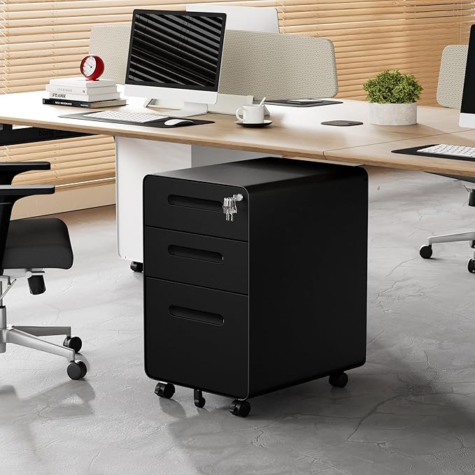 3 Drawer File Cabinet with Lock and 4 Keys, Mobile Metal Filing Cabinet - Image 2
