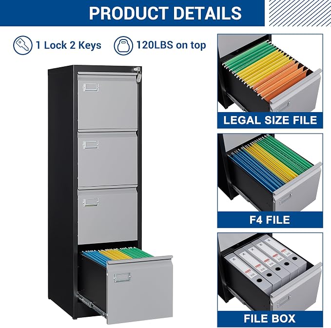 File Cabinets - 4 Drawers Vertical 17.8" Deep Lockable Filing Cabinet - Black & - Image 4