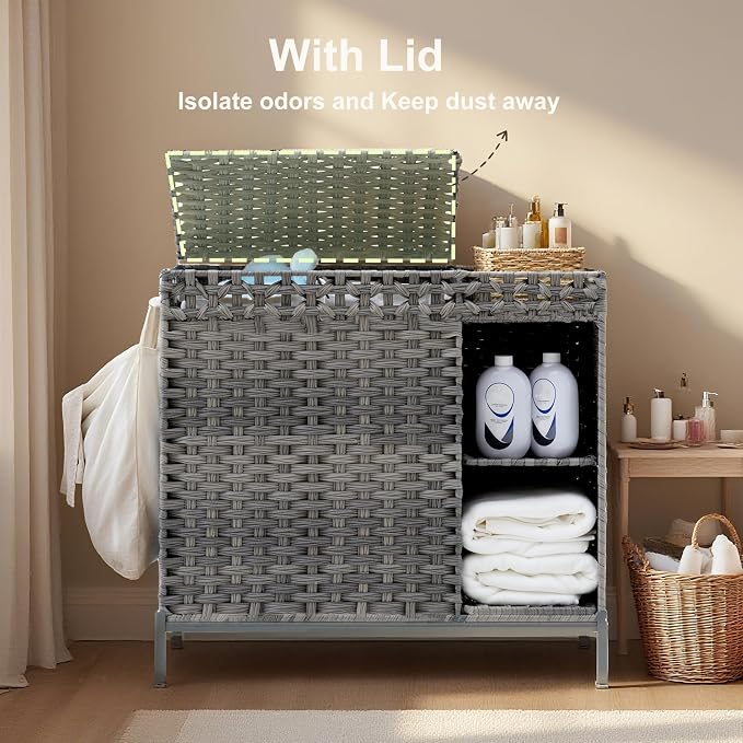 Laundry Hamper with Lid, 110L Rattan Laundry Hamper 2 Section with 50L Storage - Image 2