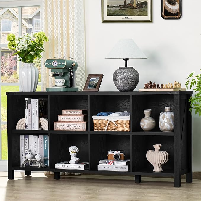 8 Cube Book Shelf, Farmhouse Wood Long Storage Organizer Bookcase, Hallway TV - Image 6