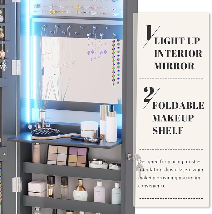 Vlsrka 47.2" LED Grey Jewelry Mirror Cabinet, Wall/Door Mounted Jewelry Armoire - Image 5