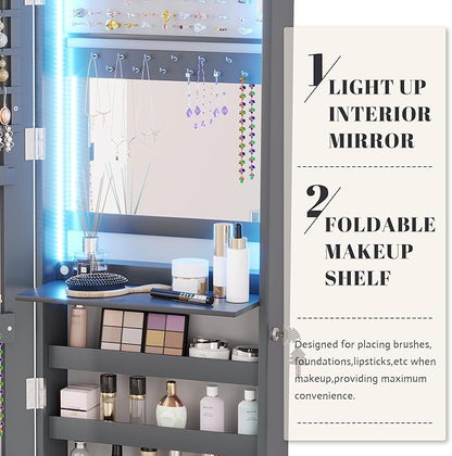Vlsrka 47.2" LED Grey Jewelry Mirror Cabinet, Wall/Door Mounted Jewelry Armoire - Image 5