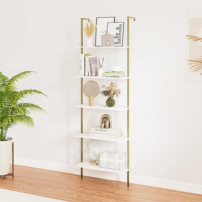 5 Tiers Ladder Shelf White Marble Modern Bookshelf Open Tall Wall Mount - Image 5