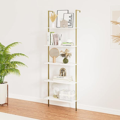 5 Tiers Ladder 2-Piece Shelf White Marble Modern Bookshelf Open Tall Wall Mount - Image 9