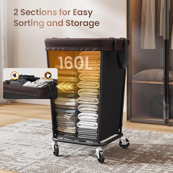 160L Laundry Basket with Wheels, 2-section Rolling Laundry Basket, Large - Image 4
