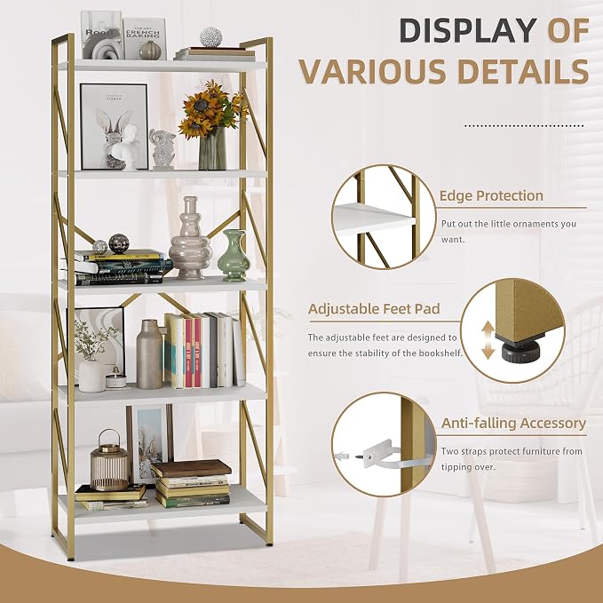 Vongrasig 5 Tier Bookshelf, Modern Tall Bookcase, Industrial Book Shelves - Image 6