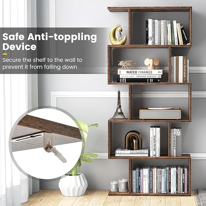 5-Tier Geometric Bookcase, 62.5” Freestanding Room Divider Bookshelf - Image 4