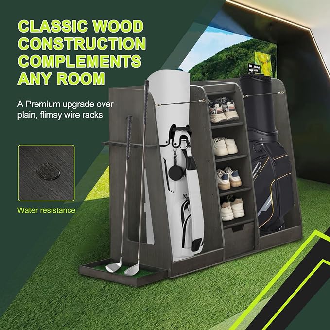 Wooden Golf Bag Storage Organizer Fits 2 Bags and Multiple Golfing Equipment - Image 4