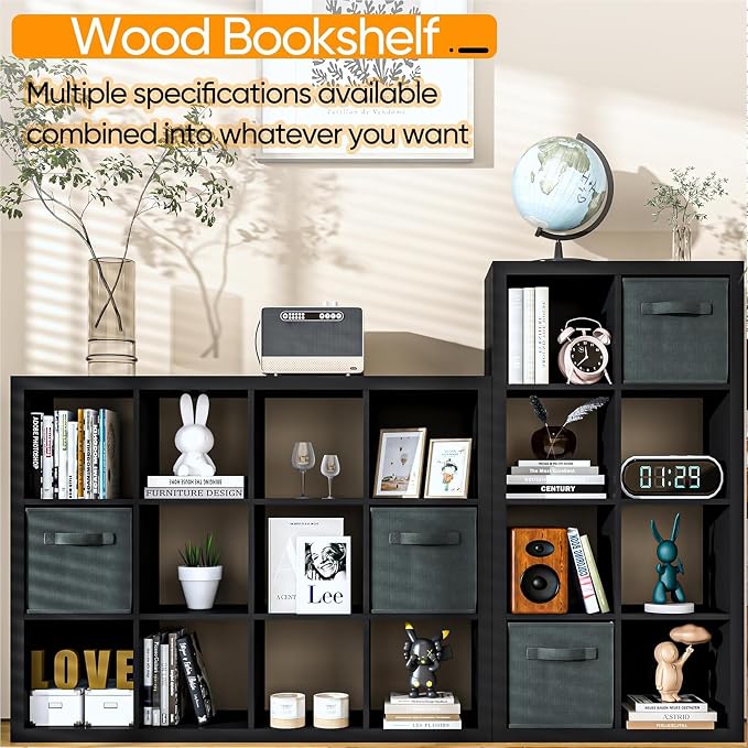 furtble Bookshelf with Storage Bins, 6 Cube Storage Organizer, Modern Wood - Image 5