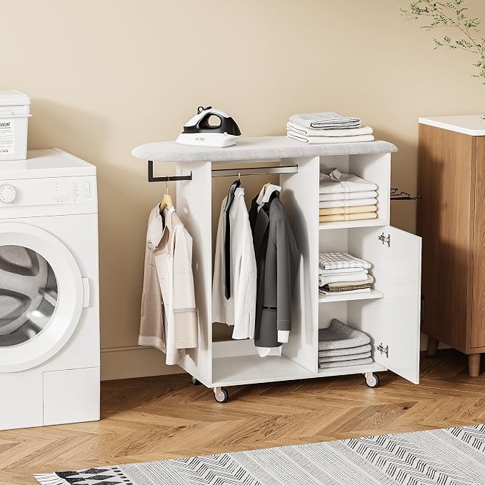 Rolling Ironing Board with Storage Cabinet, Ironing Table with Heat-Resistant - Image 2