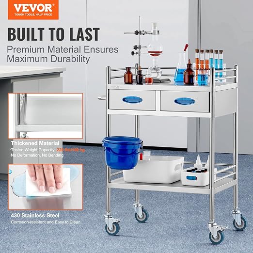VEVOR Lab Serving Cart Utility Cart Stainless Steel Medical Cart - Image 2
