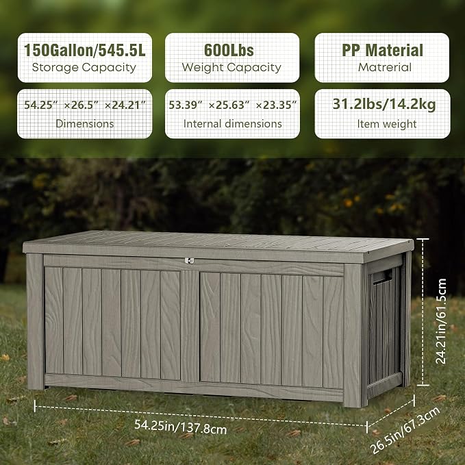 150 Gallon Deck Box, Resin Outdoor Indoor Waterproof Storage Box, Lockable - Image 2