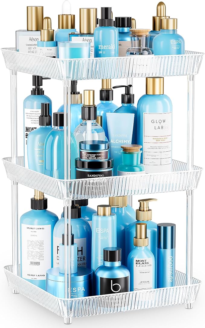3 Tier Lazy Susan Bathroom Countertop Organizer, 360° Clear Rotating Square by Acina
