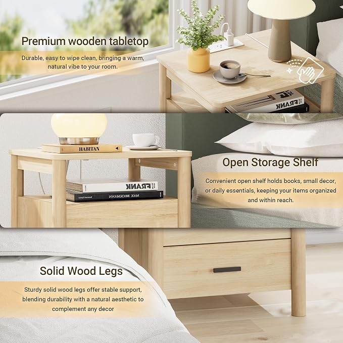 Night Stand Set of 2 with Charging Station, 2 Drawers End Table with Open Shelf - Image 3