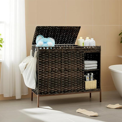 Laundry Hamper with Lid, 130L Rattan Laundry Hamper 3 Section with 50L Storage by Gitelnour