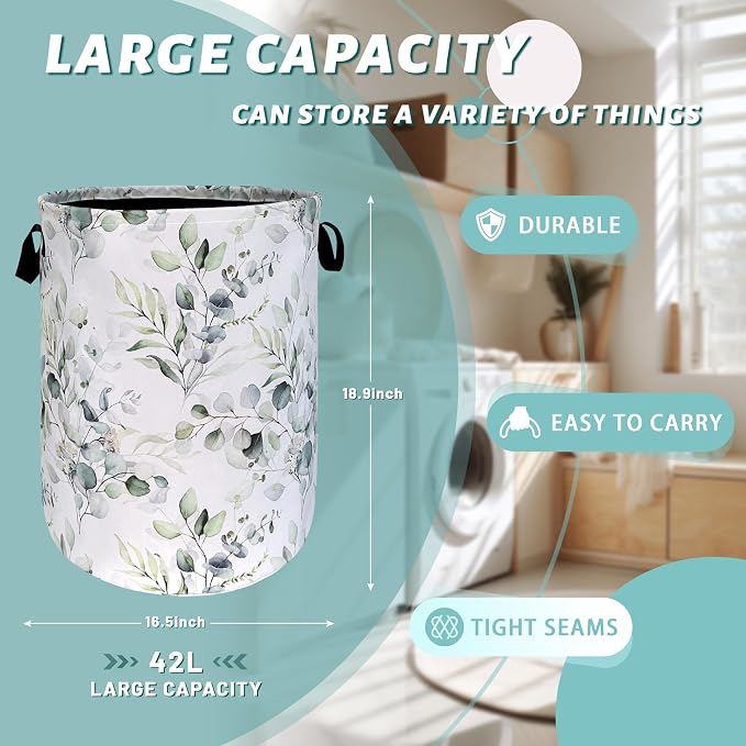 Watercolor Green Leaves Branches Laundry Hamper - Image 2