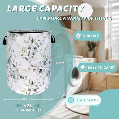 Watercolor Green Leaves Branches Laundry Hamper - Image 2